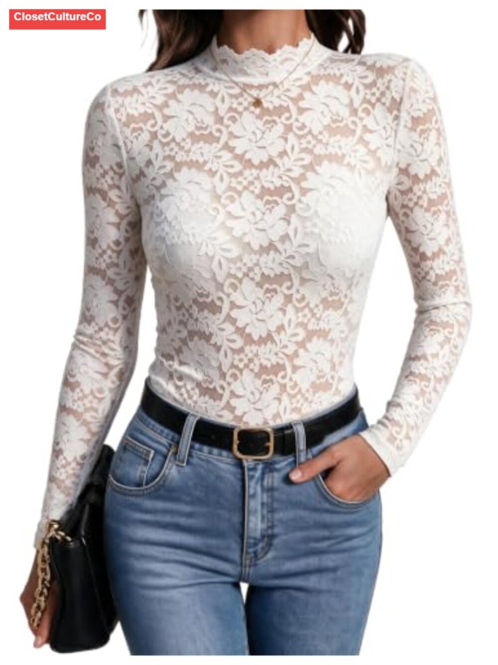 Lace Mesh Sheer Long Sleeve Blouse Mock Neck Slim Fit Women's Top